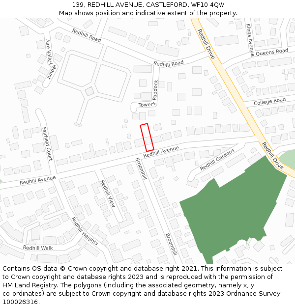 139, REDHILL AVENUE, CASTLEFORD, WF10 4QW: Location map and indicative extent of plot
