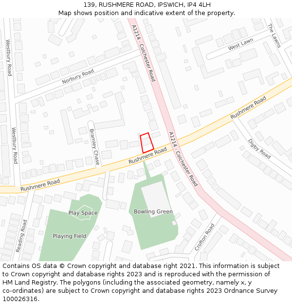 139, RUSHMERE ROAD, IPSWICH, IP4 4LH: Location map and indicative extent of plot