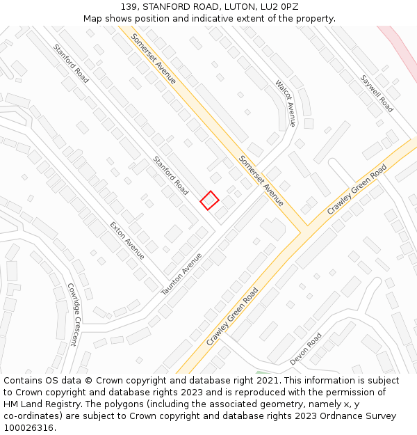 139, STANFORD ROAD, LUTON, LU2 0PZ: Location map and indicative extent of plot