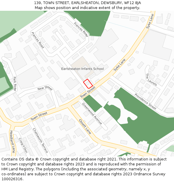 139, TOWN STREET, EARLSHEATON, DEWSBURY, WF12 8JA: Location map and indicative extent of plot