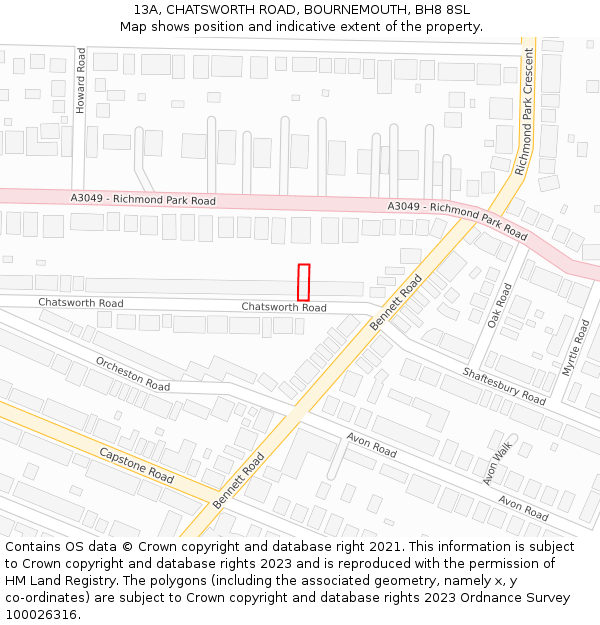 13A, CHATSWORTH ROAD, BOURNEMOUTH, BH8 8SL: Location map and indicative extent of plot