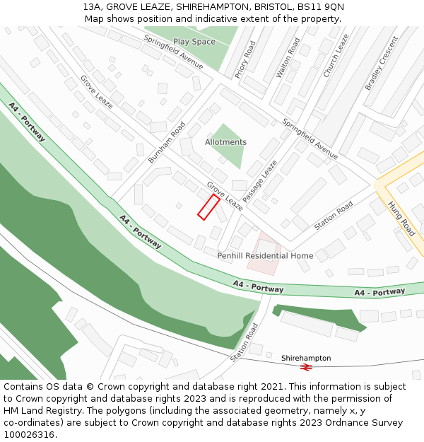13A, GROVE LEAZE, SHIREHAMPTON, BRISTOL, BS11 9QN: Location map and indicative extent of plot