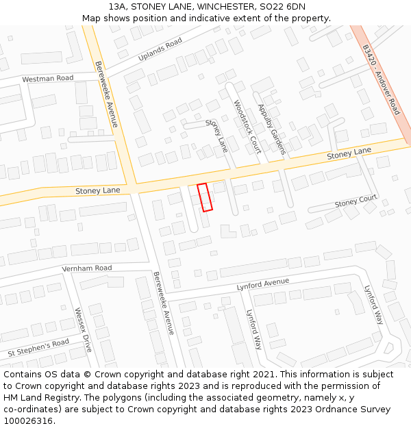 13A, STONEY LANE, WINCHESTER, SO22 6DN: Location map and indicative extent of plot