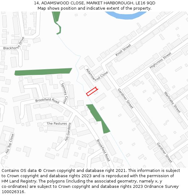 14, ADAMSWOOD CLOSE, MARKET HARBOROUGH, LE16 9QD: Location map and indicative extent of plot