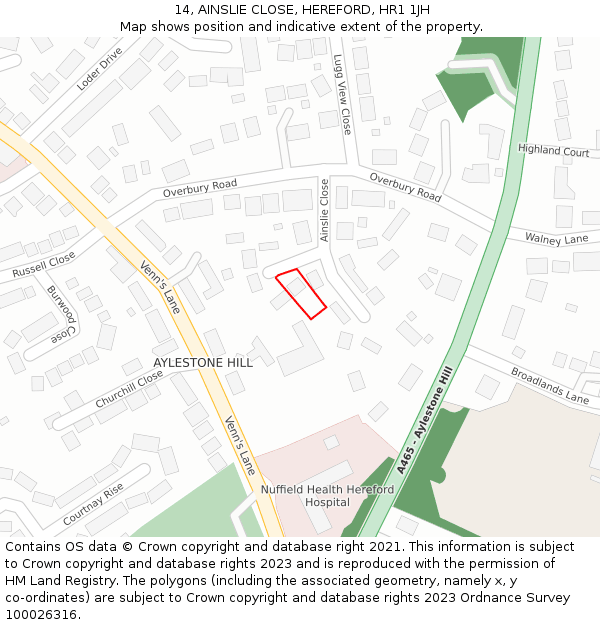 14, AINSLIE CLOSE, HEREFORD, HR1 1JH: Location map and indicative extent of plot