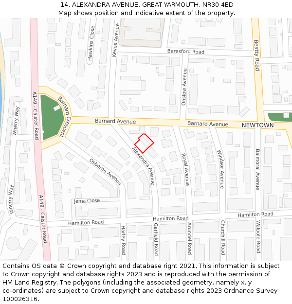 14, ALEXANDRA AVENUE, GREAT YARMOUTH, NR30 4ED: Location map and indicative extent of plot