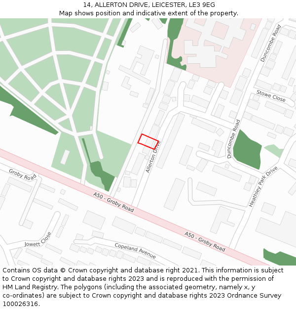 14, ALLERTON DRIVE, LEICESTER, LE3 9EG: Location map and indicative extent of plot