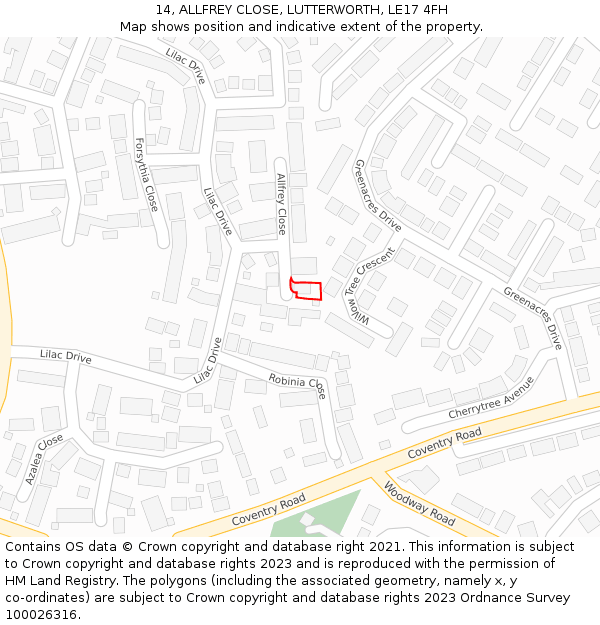 14, ALLFREY CLOSE, LUTTERWORTH, LE17 4FH: Location map and indicative extent of plot
