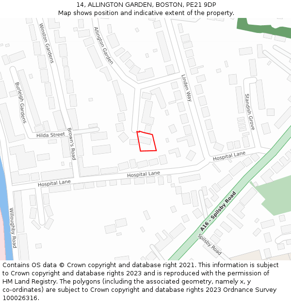 14, ALLINGTON GARDEN, BOSTON, PE21 9DP: Location map and indicative extent of plot
