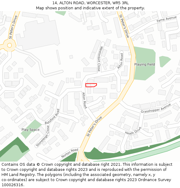 14, ALTON ROAD, WORCESTER, WR5 3RL: Location map and indicative extent of plot