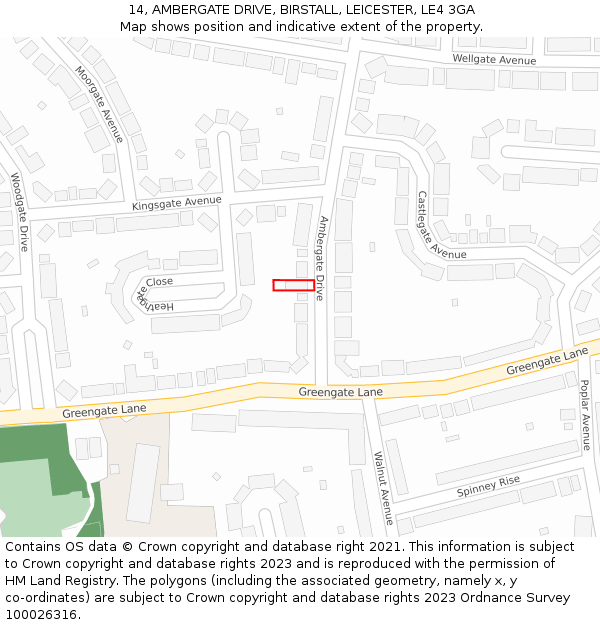 14, AMBERGATE DRIVE, BIRSTALL, LEICESTER, LE4 3GA: Location map and indicative extent of plot