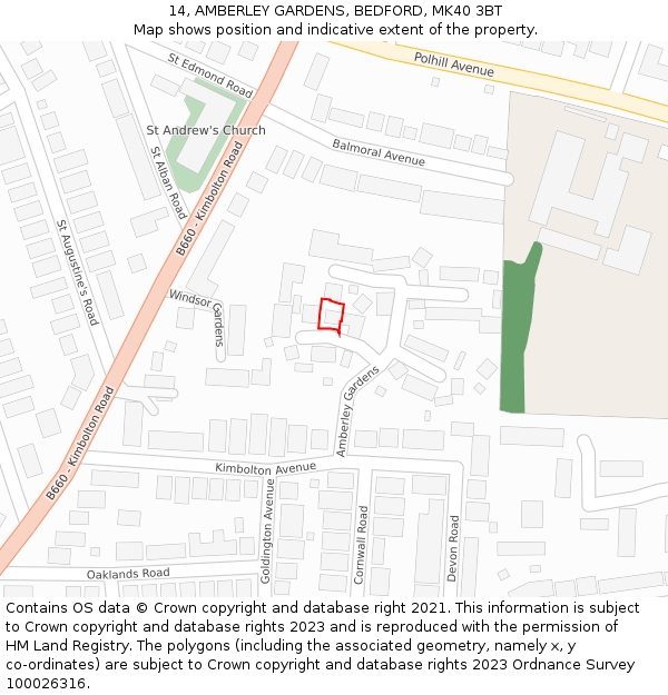14, AMBERLEY GARDENS, BEDFORD, MK40 3BT: Location map and indicative extent of plot