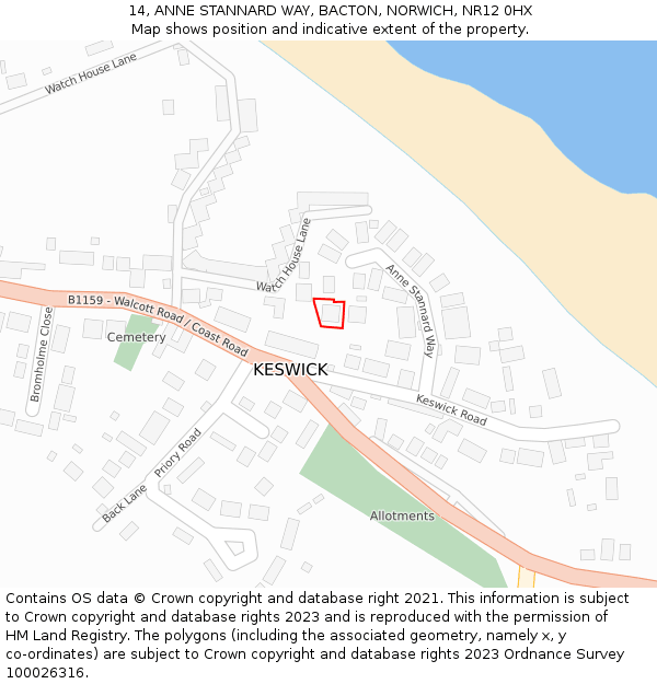 14, ANNE STANNARD WAY, BACTON, NORWICH, NR12 0HX: Location map and indicative extent of plot