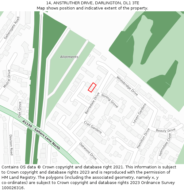 14, ANSTRUTHER DRIVE, DARLINGTON, DL1 3TE: Location map and indicative extent of plot
