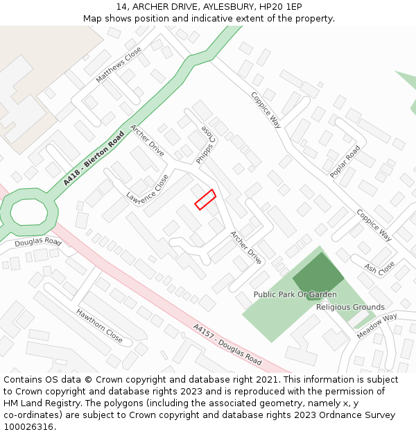 14, ARCHER DRIVE, AYLESBURY, HP20 1EP: Location map and indicative extent of plot