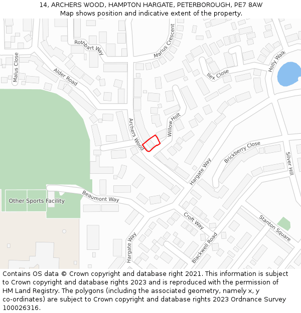 14, ARCHERS WOOD, HAMPTON HARGATE, PETERBOROUGH, PE7 8AW: Location map and indicative extent of plot