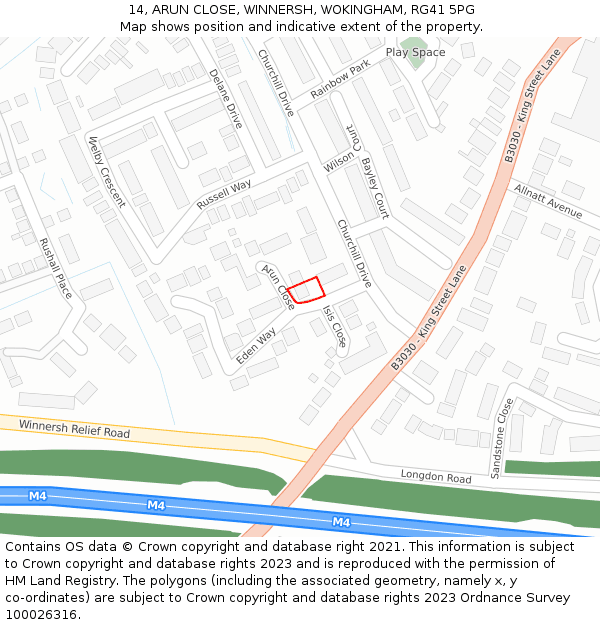 14, ARUN CLOSE, WINNERSH, WOKINGHAM, RG41 5PG: Location map and indicative extent of plot