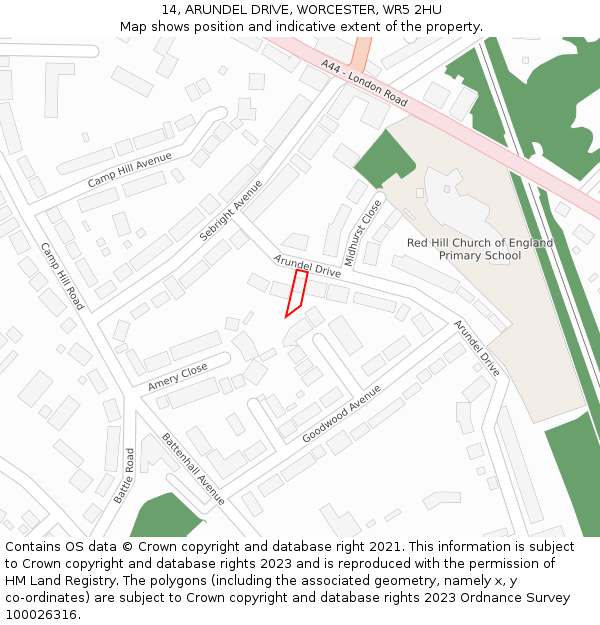 14, ARUNDEL DRIVE, WORCESTER, WR5 2HU: Location map and indicative extent of plot