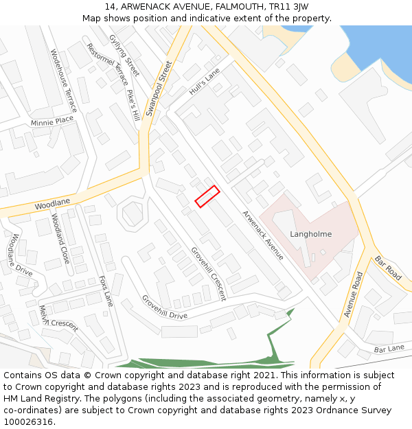 14, ARWENACK AVENUE, FALMOUTH, TR11 3JW: Location map and indicative extent of plot