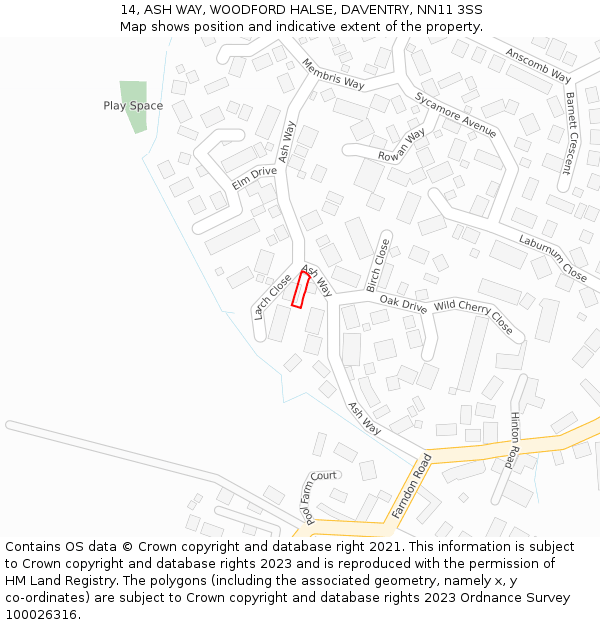 14, ASH WAY, WOODFORD HALSE, DAVENTRY, NN11 3SS: Location map and indicative extent of plot