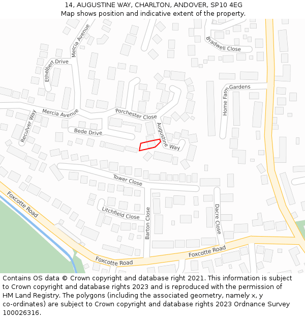 14, AUGUSTINE WAY, CHARLTON, ANDOVER, SP10 4EG: Location map and indicative extent of plot