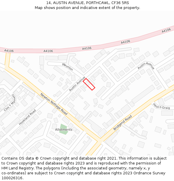 14, AUSTIN AVENUE, PORTHCAWL, CF36 5RS: Location map and indicative extent of plot