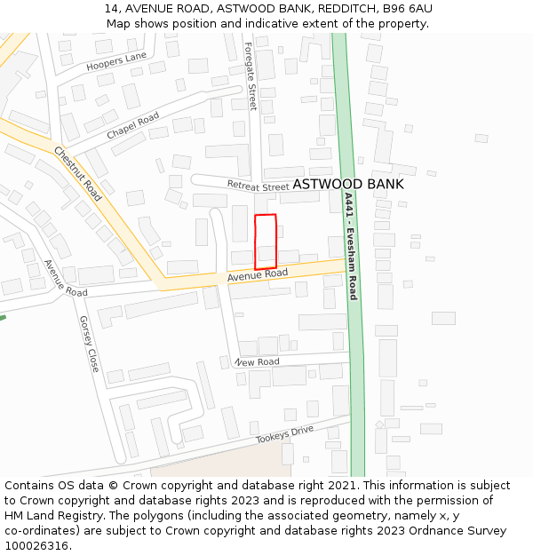 14, AVENUE ROAD, ASTWOOD BANK, REDDITCH, B96 6AU: Location map and indicative extent of plot