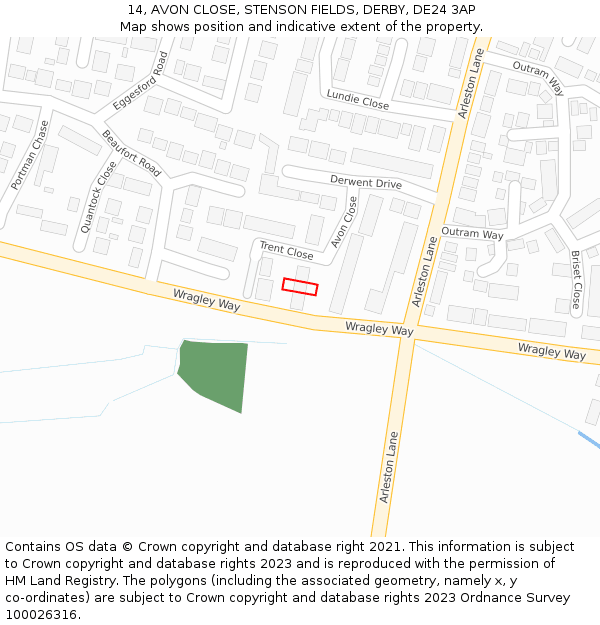 14, AVON CLOSE, STENSON FIELDS, DERBY, DE24 3AP: Location map and indicative extent of plot