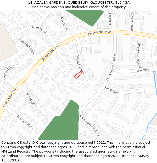 14, AZALEA GARDENS, QUEDGELEY, GLOUCESTER, GL2 4GA: Location map and indicative extent of plot