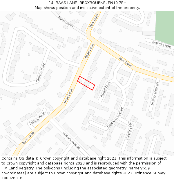 14, BAAS LANE, BROXBOURNE, EN10 7EH: Location map and indicative extent of plot