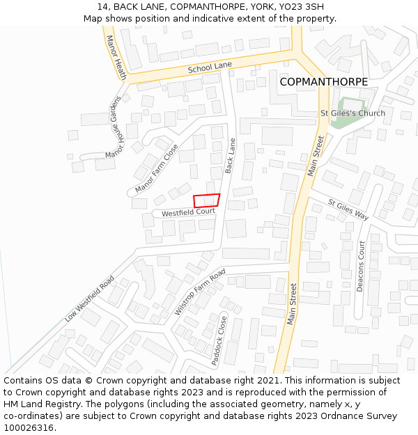 14, BACK LANE, COPMANTHORPE, YORK, YO23 3SH: Location map and indicative extent of plot