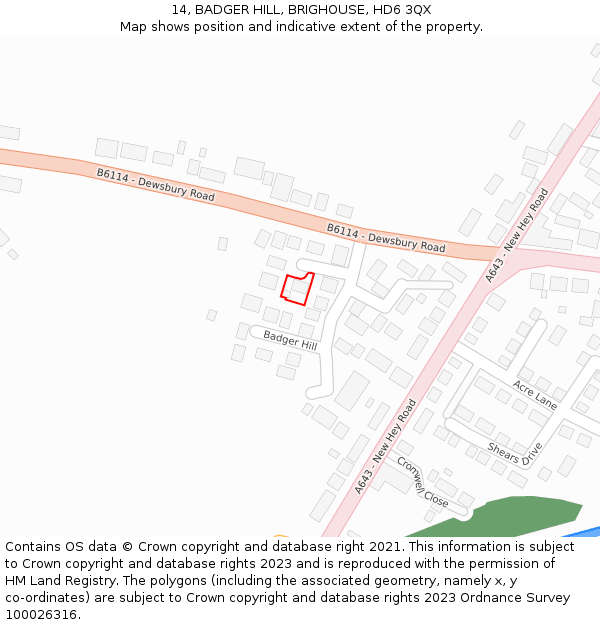 14, BADGER HILL, BRIGHOUSE, HD6 3QX: Location map and indicative extent of plot