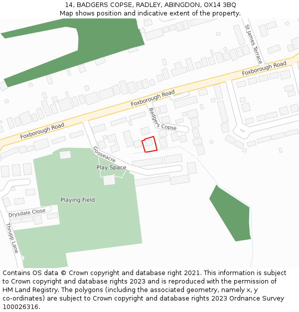 14, BADGERS COPSE, RADLEY, ABINGDON, OX14 3BQ: Location map and indicative extent of plot