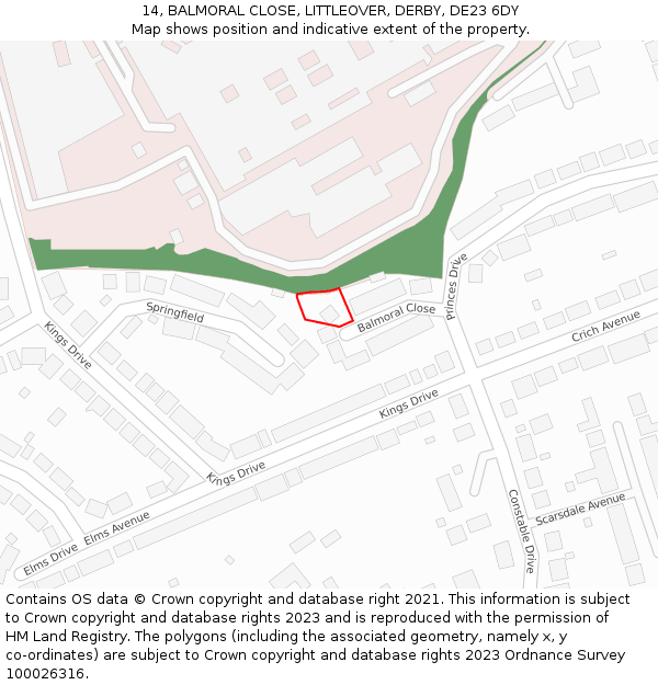 14, BALMORAL CLOSE, LITTLEOVER, DERBY, DE23 6DY: Location map and indicative extent of plot