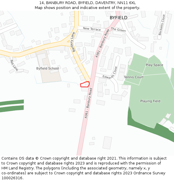 14, BANBURY ROAD, BYFIELD, DAVENTRY, NN11 6XL: Location map and indicative extent of plot