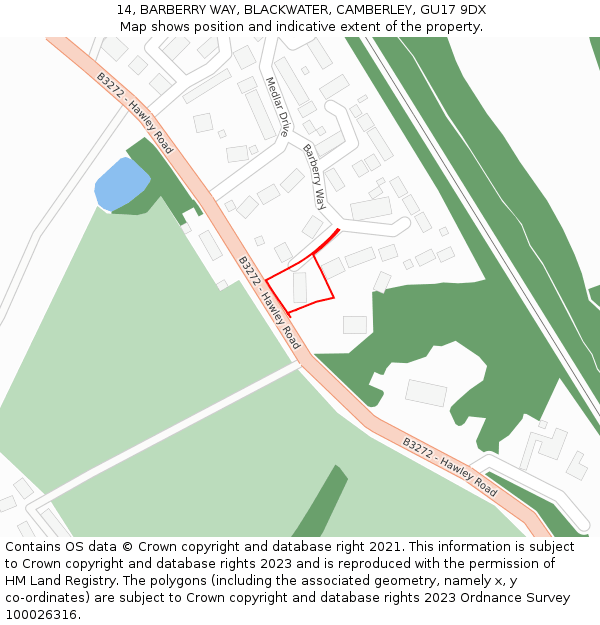14, BARBERRY WAY, BLACKWATER, CAMBERLEY, GU17 9DX: Location map and indicative extent of plot