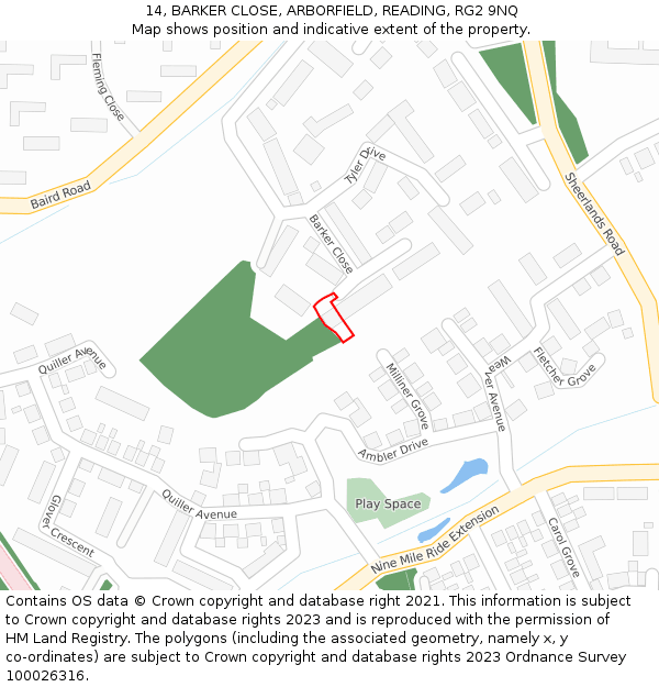 14, BARKER CLOSE, ARBORFIELD, READING, RG2 9NQ: Location map and indicative extent of plot