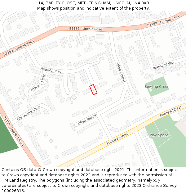 14, BARLEY CLOSE, METHERINGHAM, LINCOLN, LN4 3XB: Location map and indicative extent of plot