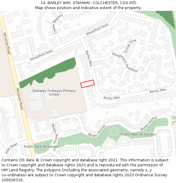 14, BARLEY WAY, STANWAY, COLCHESTER, CO3 0YD: Location map and indicative extent of plot