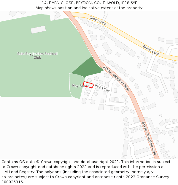 14, BARN CLOSE, REYDON, SOUTHWOLD, IP18 6YE: Location map and indicative extent of plot