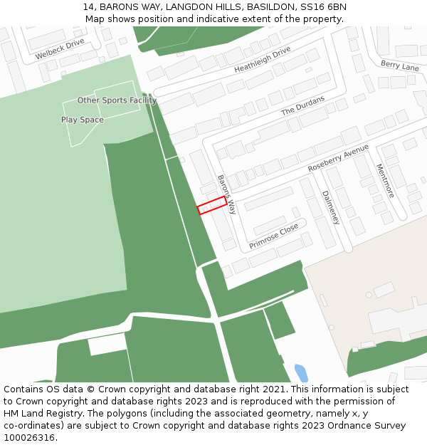 14, BARONS WAY, LANGDON HILLS, BASILDON, SS16 6BN: Location map and indicative extent of plot