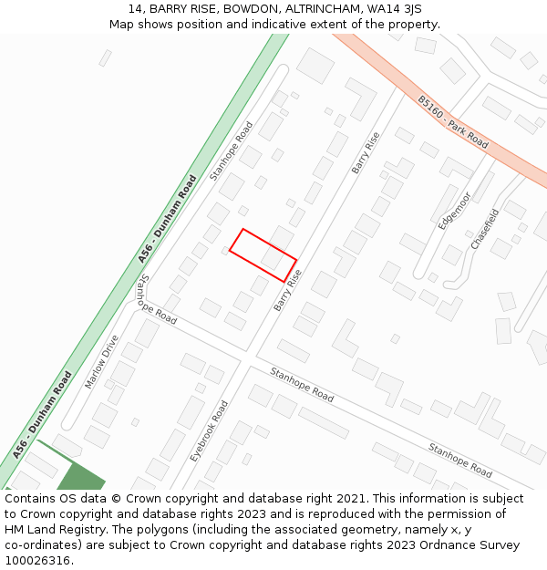 14, BARRY RISE, BOWDON, ALTRINCHAM, WA14 3JS: Location map and indicative extent of plot