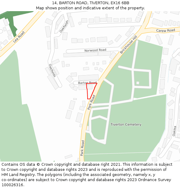 14, BARTON ROAD, TIVERTON, EX16 6BB: Location map and indicative extent of plot