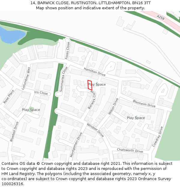 14, BARWICK CLOSE, RUSTINGTON, LITTLEHAMPTON, BN16 3TT: Location map and indicative extent of plot