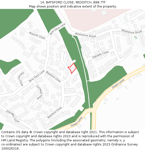 14, BATSFORD CLOSE, REDDITCH, B98 7TF: Location map and indicative extent of plot