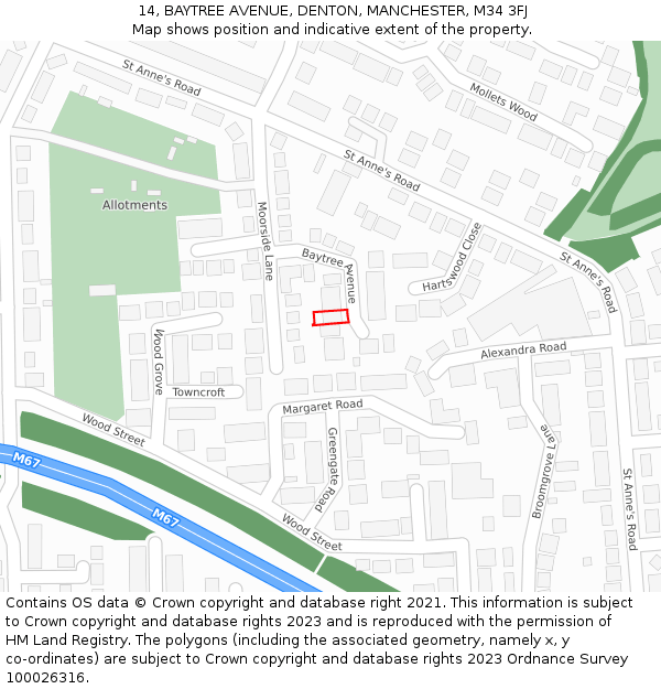 14, BAYTREE AVENUE, DENTON, MANCHESTER, M34 3FJ: Location map and indicative extent of plot