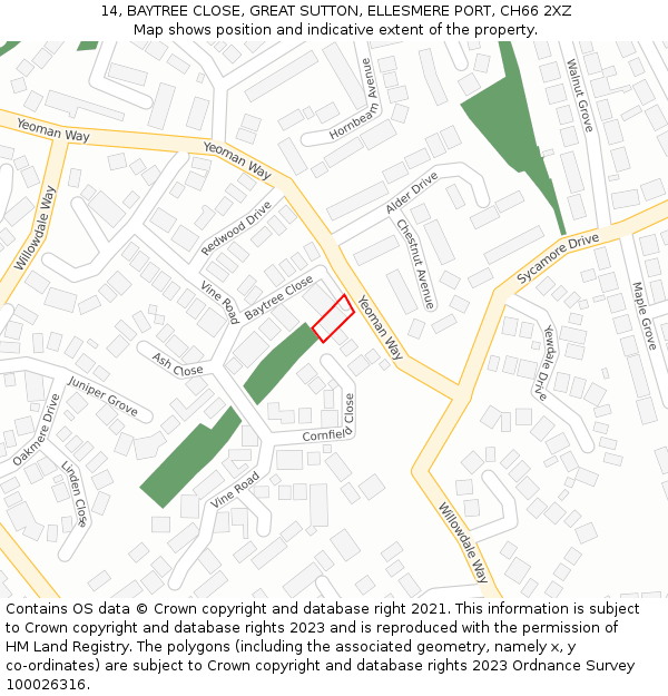 14, BAYTREE CLOSE, GREAT SUTTON, ELLESMERE PORT, CH66 2XZ: Location map and indicative extent of plot