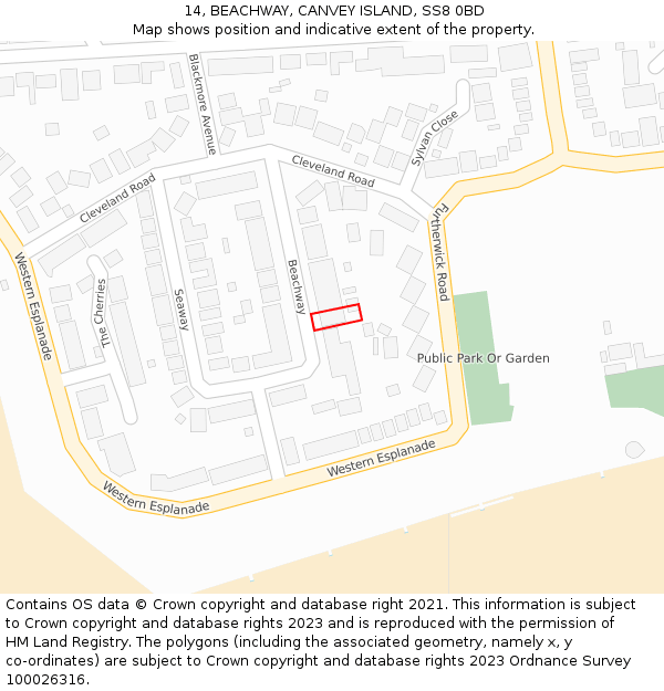14, BEACHWAY, CANVEY ISLAND, SS8 0BD: Location map and indicative extent of plot
