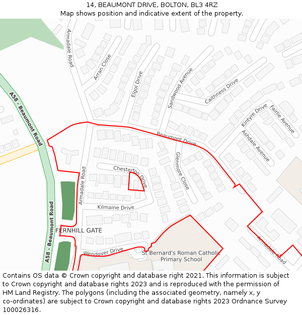 14, BEAUMONT DRIVE, BOLTON, BL3 4RZ: Location map and indicative extent of plot