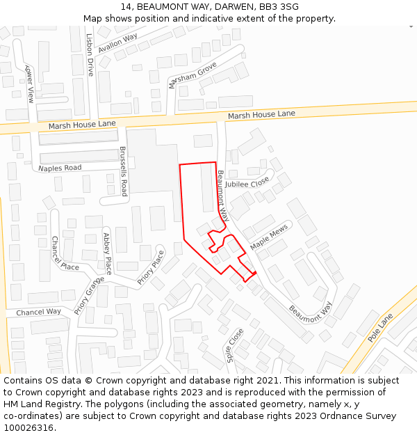 14, BEAUMONT WAY, DARWEN, BB3 3SG: Location map and indicative extent of plot